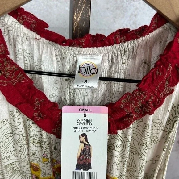 NWT BILA boho ruffled hem tank top size S hippie paisley tassel tie folk shirt ! - Picture 5 of 6